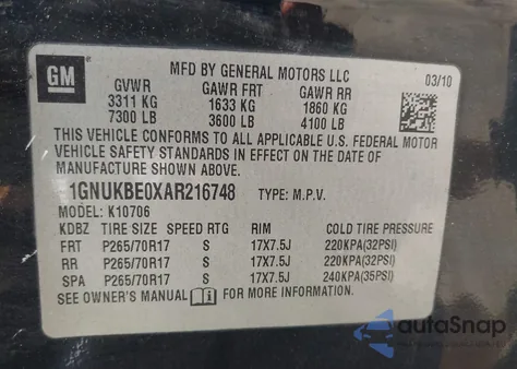 2010 Chevrolet Tahoe Lt z USA, uszkodzony, nr VIN 1GNUKBE0XAR216748